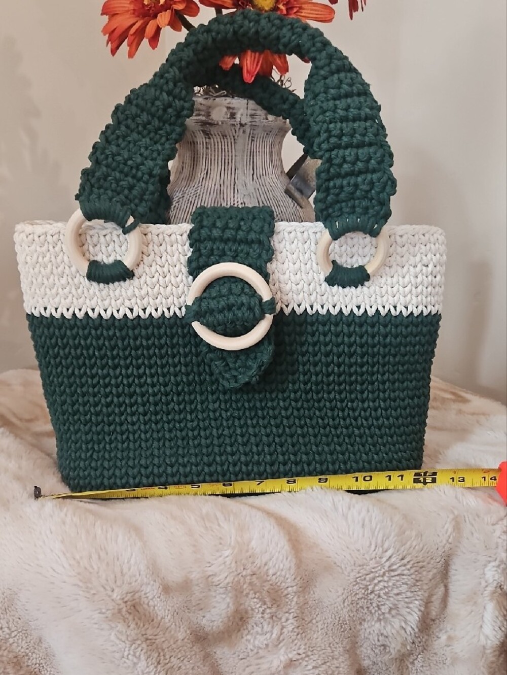 Dark Green & Off White Tote Bage Hand Crocheted By Me - Picture 2 of 5